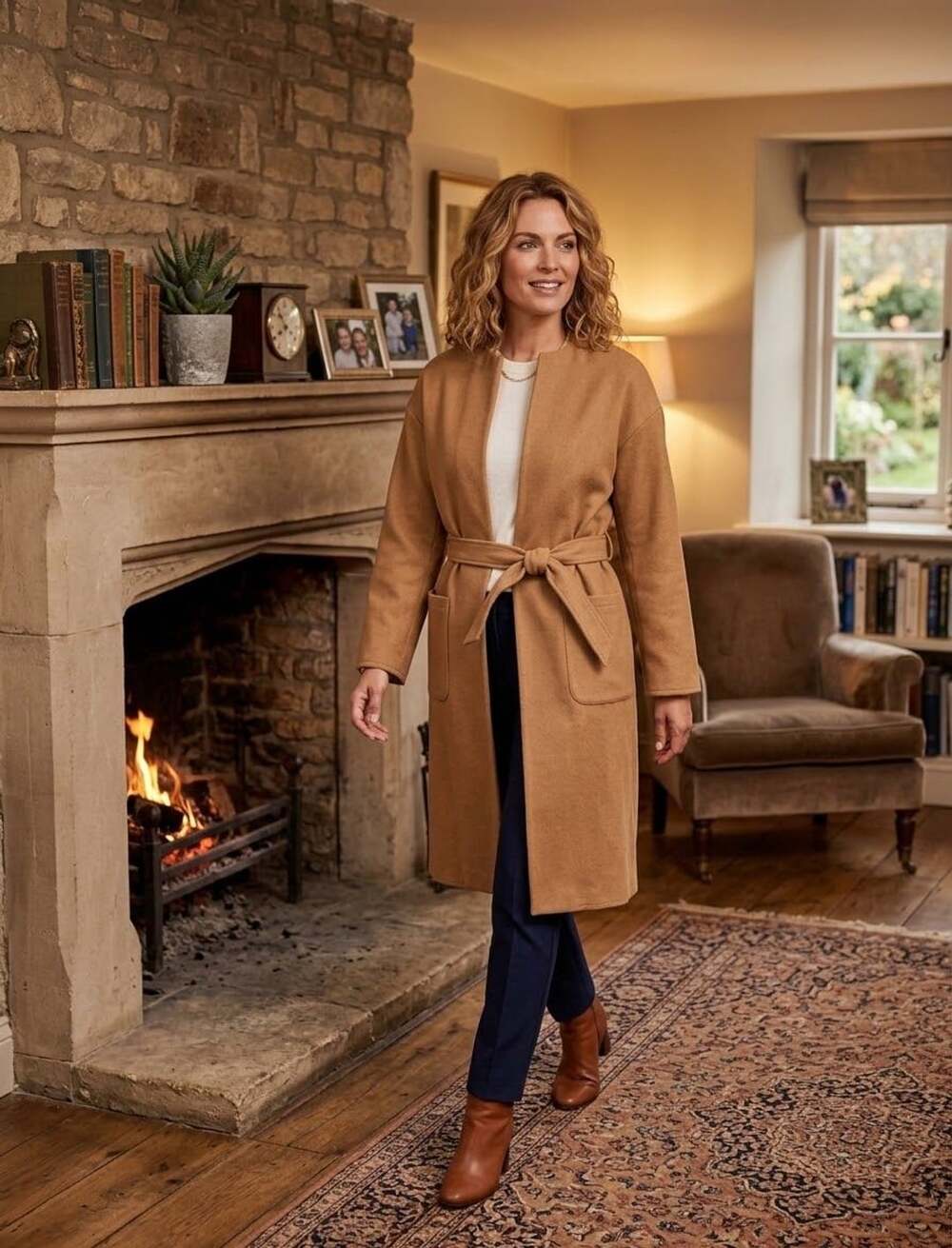 LOFT Belted Wrap Coat Size M/L Camel Brown Open Front Pocket Jacket Sz M/L